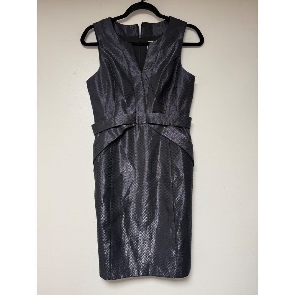 Maeve Sheath Dress Women 4P Charcoal Grey Excellent Iridescent Snakeskin V-Neck